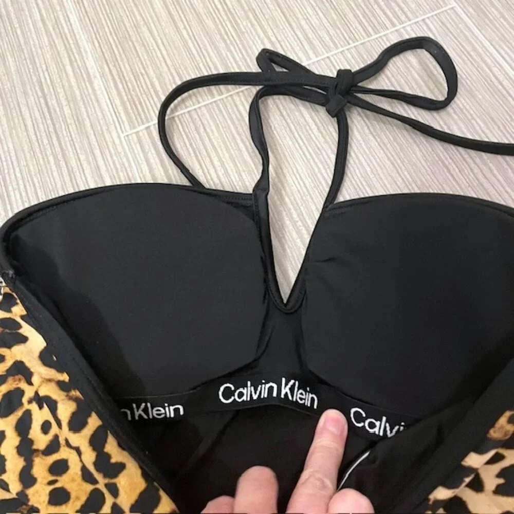 NWT Calvin Klein Animal Print Ruched Halter Tankini Swim Top XS
